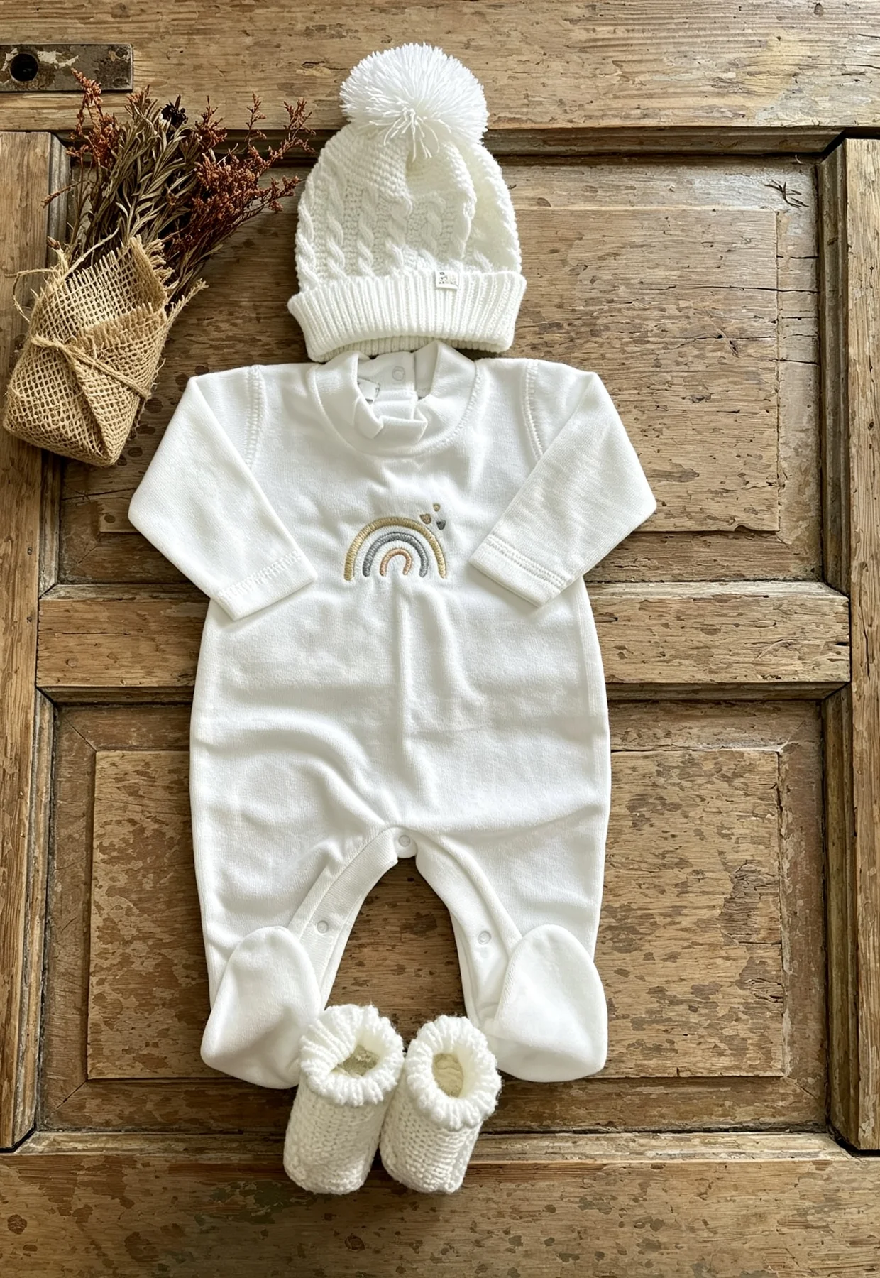 Pañalero blanco de piel de durazno con bordado Arcoíris unisex