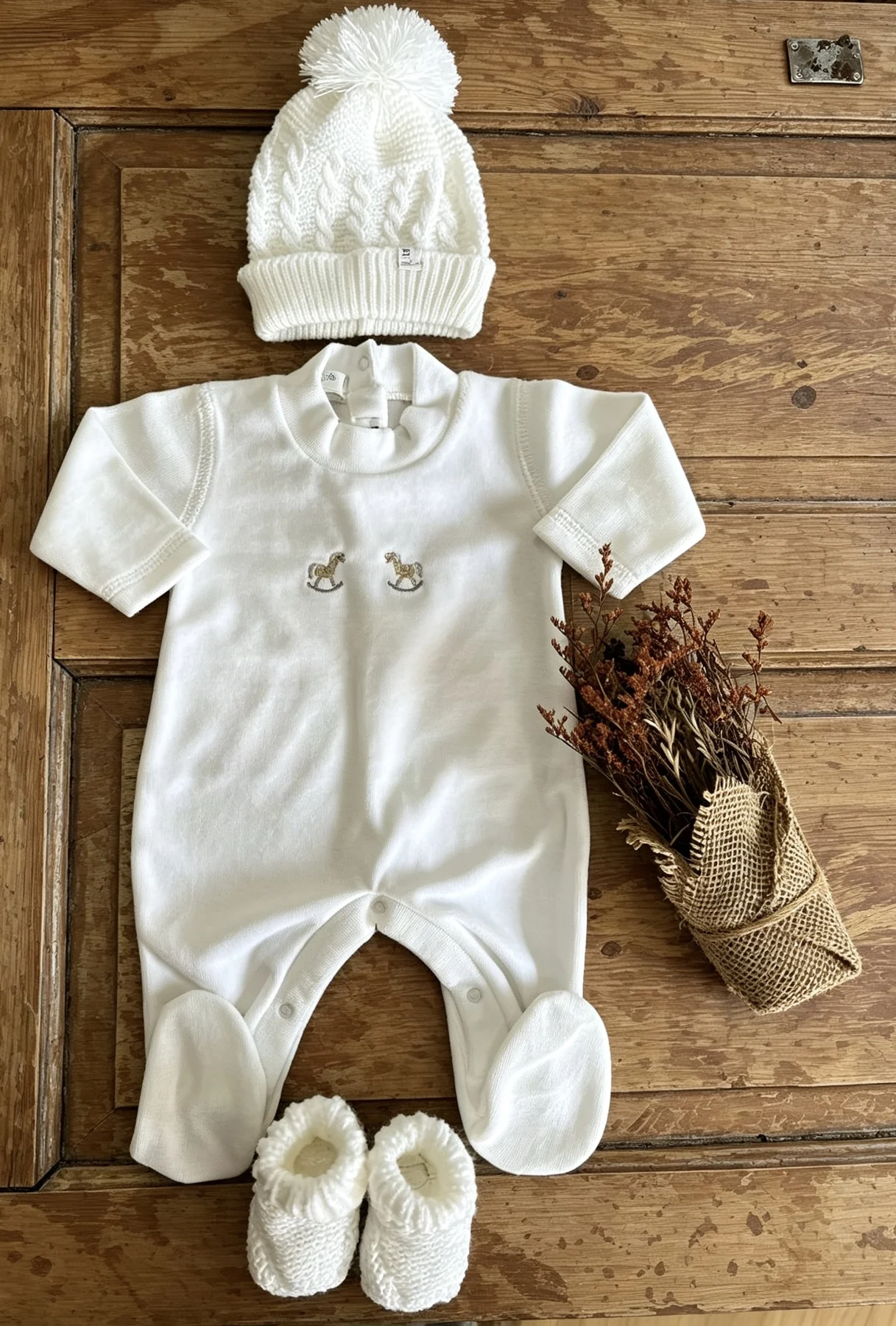 Pañalero blanco de piel de durazno con bordado Carrusel beige