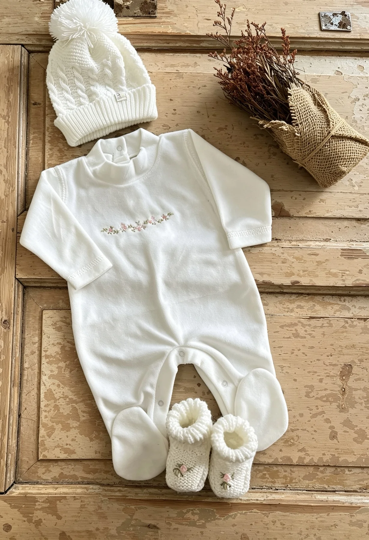 Pañalero blanco de piel de durazno con bordado Guía rosa